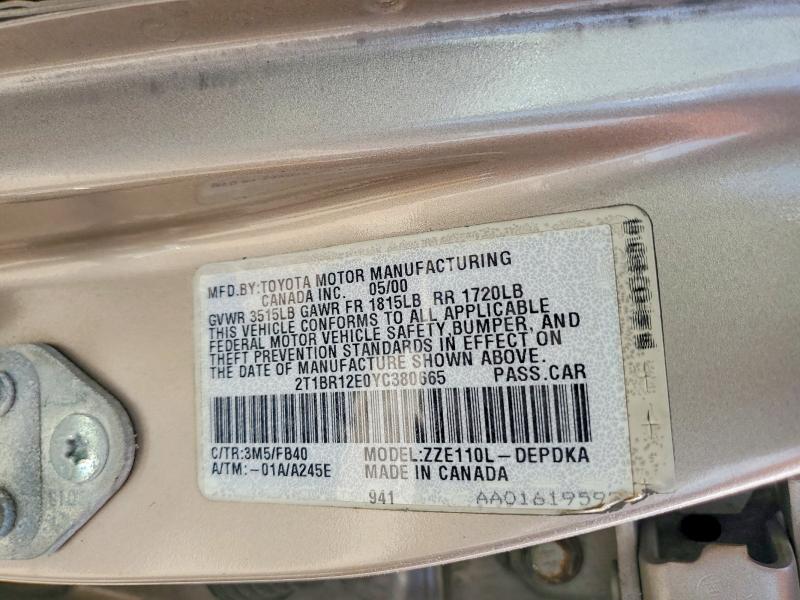 Продаж на аукціоні авто 2000 Toyota Corolla, vin: 2T1BR12E0YC380665, номер лоту: 62354496