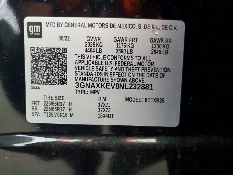 2022 Chevrolet Equinox მანქანა იყიდება აუქციონზე, vin: 3GNAXKEV8NL232881, აუქციონის ნომერი: 59321586