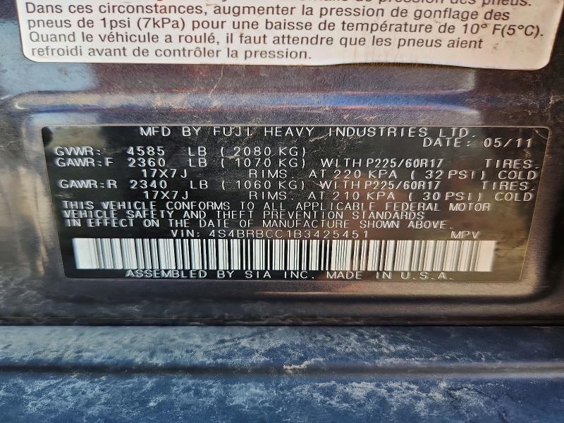 2011 Subaru Outback მანქანა იყიდება აუქციონზე, vin: 4S4BRBCC1B3425451, აუქციონის ნომერი: 60415206