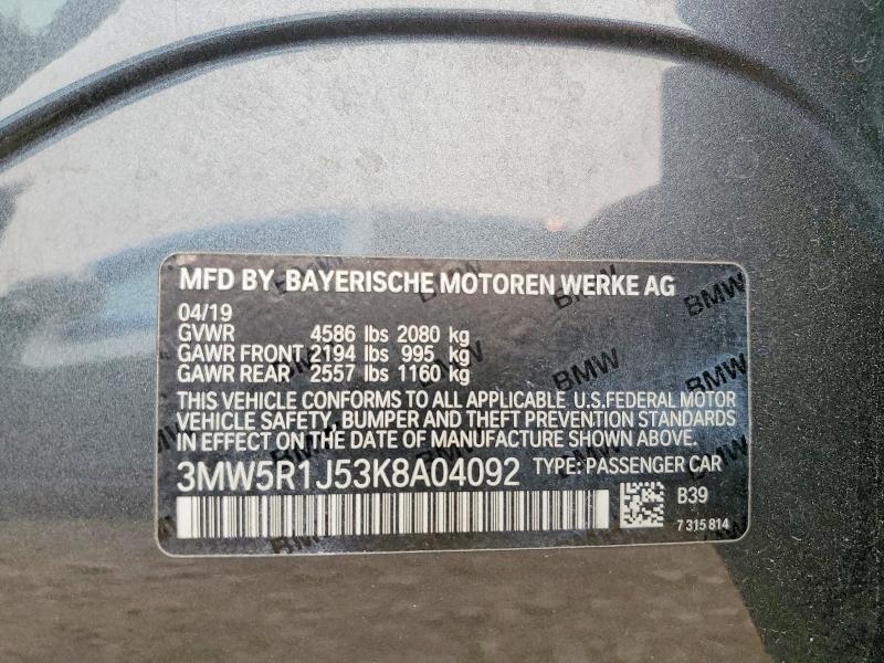 Aukcja sprzedaży 2019 Bmw 330i, vin: 3MW5R1J53K8A04092, numer aukcji: 61303786