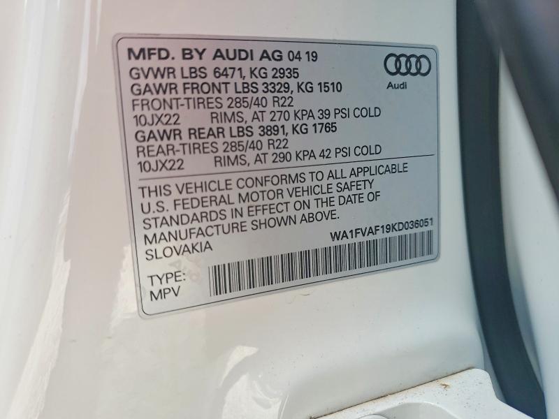 Продажа на аукционе авто 2019 Audi Q8, vin: WA1FVAF19KD036051, номер лота: 61147666