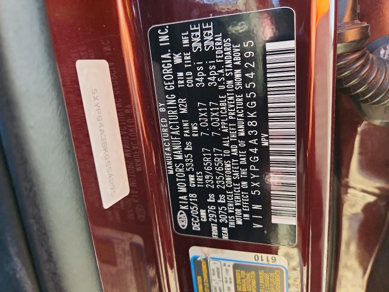 61728736 :رقم المزاد ، 5XYPG4A38KG554295 vin ، 2019 Kia Sorento مزاد بيع