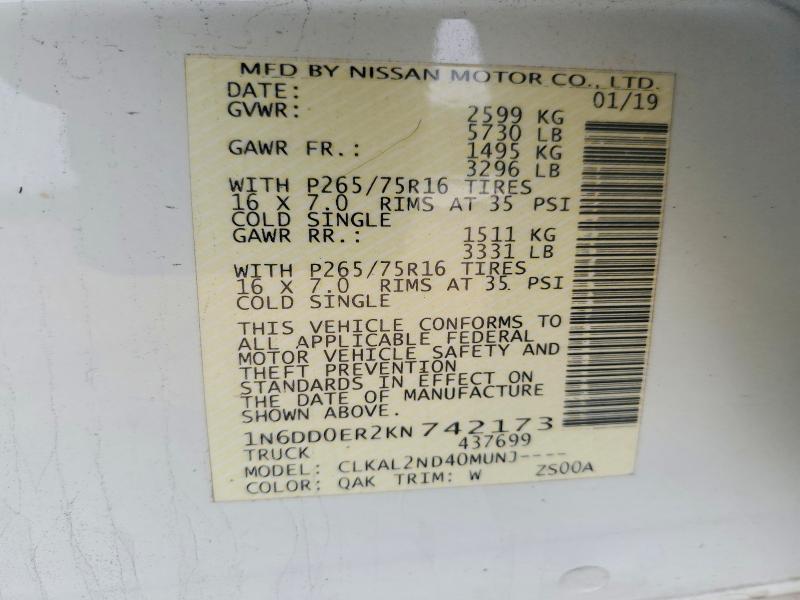 63205386 :رقم المزاد ، 1N6DD0ER2KN742173 vin ، 2019 Nissan Frontier مزاد بيع