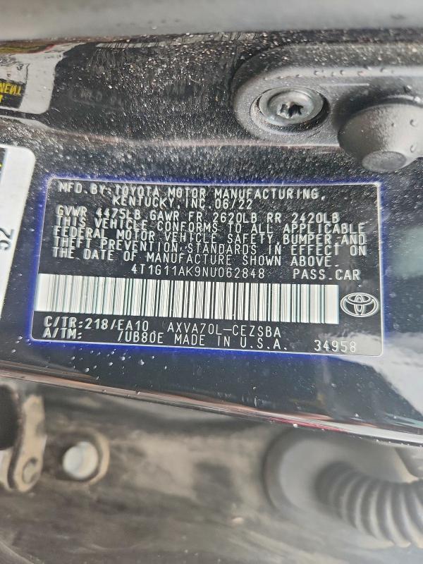 2022 Toyota Camry მანქანა იყიდება აუქციონზე, vin: 4T1G11AK9NU062848, აუქციონის ნომერი: 60184146