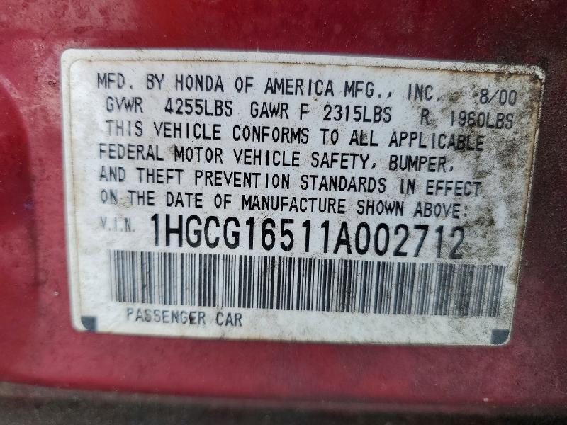 Продажа на аукционе авто 2001 Honda Accord, vin: 1HGCG16511A002712, номер лота: 60248886