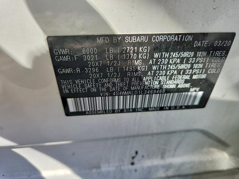 60377586 :رقم المزاد ، 4S4WMALD1L3469468 vin ، 2020 Subaru Ascent مزاد بيع