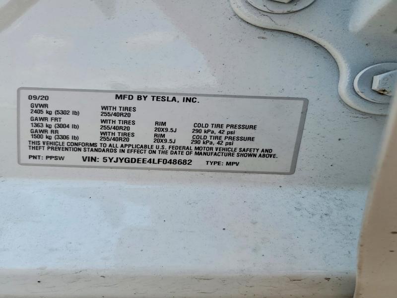 2020 Tesla Model Y მანქანა იყიდება აუქციონზე, vin: 5YJYGDEE4LF048682, აუქციონის ნომერი: 62510236