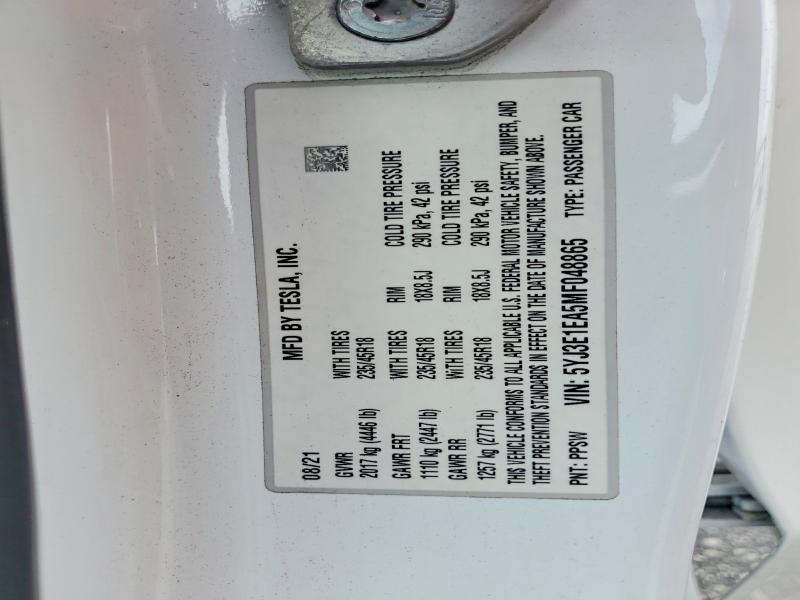 2021 Tesla Model 3 მანქანა იყიდება აუქციონზე, vin: 5YJ3E1EA5MF048865, აუქციონის ნომერი: 60961536
