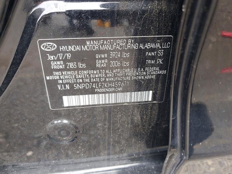 2019 Hyundai Elantra მანქანა იყიდება აუქციონზე, vin: 5NPD74LF2KH459671, აუქციონის ნომერი: 61359766