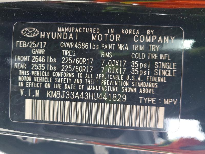 60993376 :رقم المزاد ، KM8J33A43HU441829 vin ، 2017 Hyundai Tucson مزاد بيع