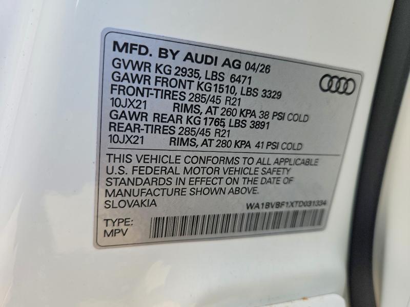 Aukcja sprzedaży 2026 Audi Q8, vin: WA1BVBF1XTD031334, numer aukcji: 61735696