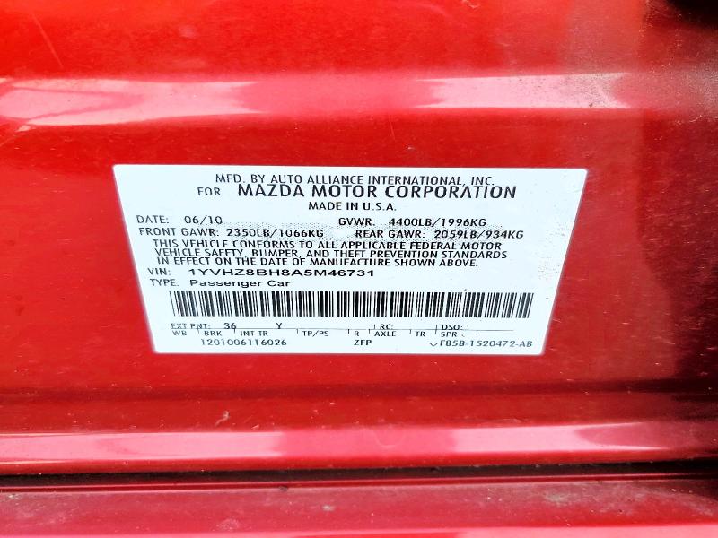 62798006 :رقم المزاد ، 1YVHZ8BH8A5M46731 vin ، 2010 Mazda 6 مزاد بيع