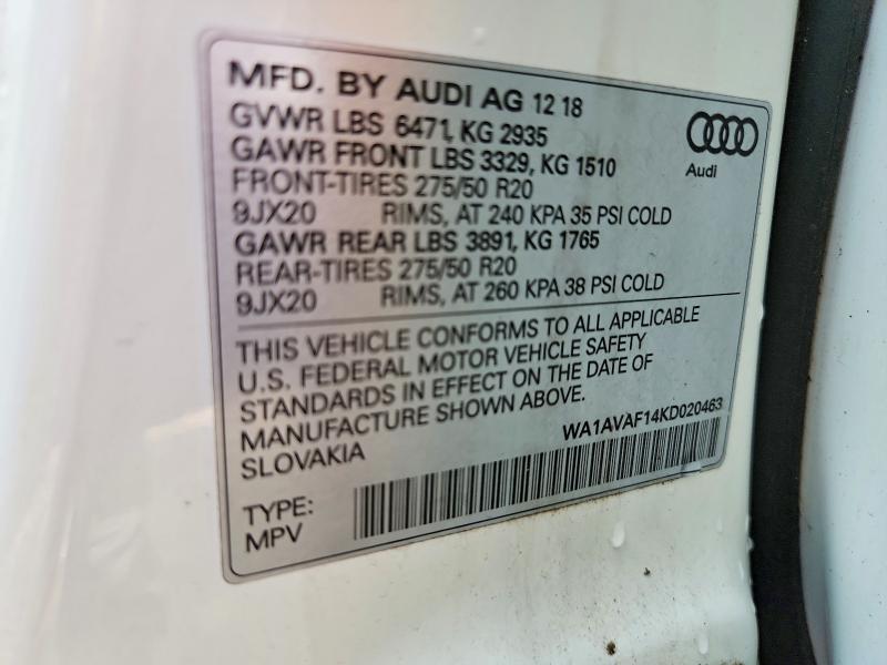 Aukcja sprzedaży 2019 Audi Q8, vin: WA1AVAF14KD020463, numer aukcji: 62422286