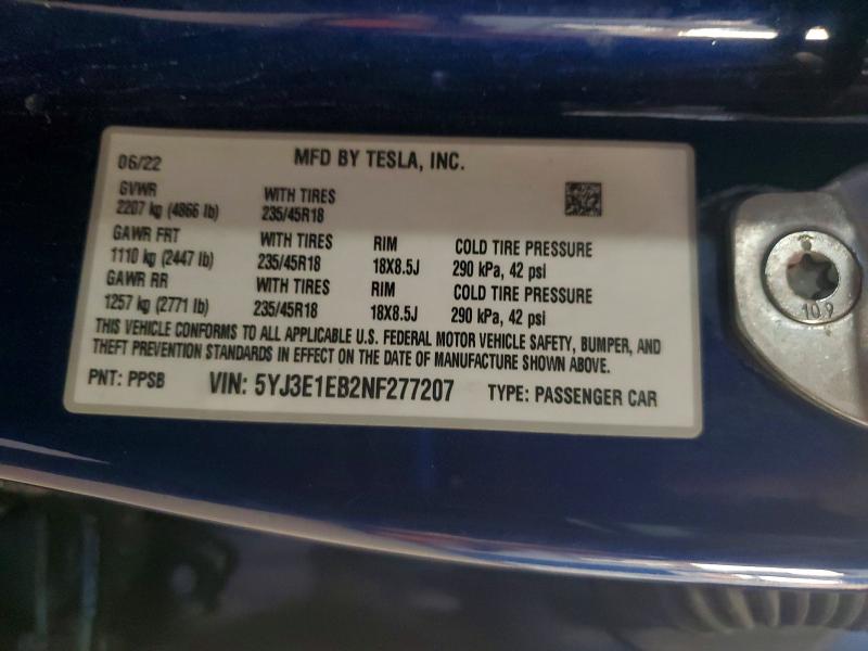 Aukcja sprzedaży 2022 Tesla Model 3, vin: 5YJ3E1EB2NF277207, numer aukcji: 63128976