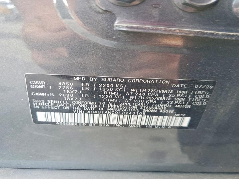 59757896 :رقم المزاد ، 4S4BTANC0L3243105 vin ، 2020 Subaru Outback مزاد بيع