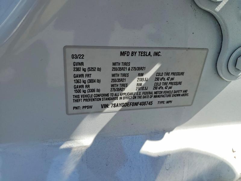 2022 Tesla Model Y მანქანა იყიდება აუქციონზე, vin: 7SAYGDEF8NF408745, აუქციონის ნომერი: 61912776