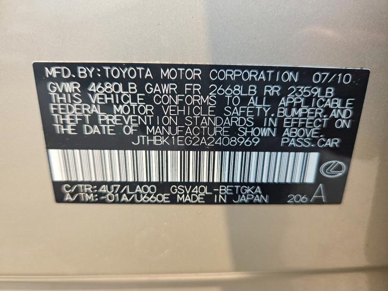 Aukcja sprzedaży 2010 Lexus Es, vin: JTHBK1EG2A2408969, numer aukcji: 60733826