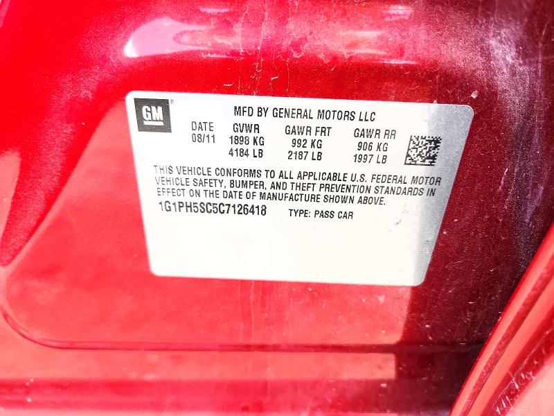 2012 Chevrolet Cruze მანქანა იყიდება აუქციონზე, vin: 1G1PH5SC5C7126418, აუქციონის ნომერი: 59683386