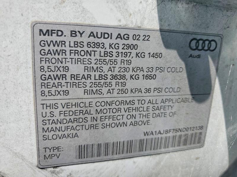 Aukcja sprzedaży 2022 Audi Q7, vin: WA1AJBF75ND012138, numer aukcji: 59718976