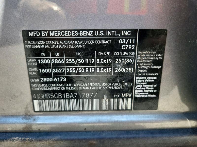 Продаж на аукціоні авто 2011 Mercedes-benz Ml, vin: 4JGBB5GB1BA717877, номер лоту: 59747276