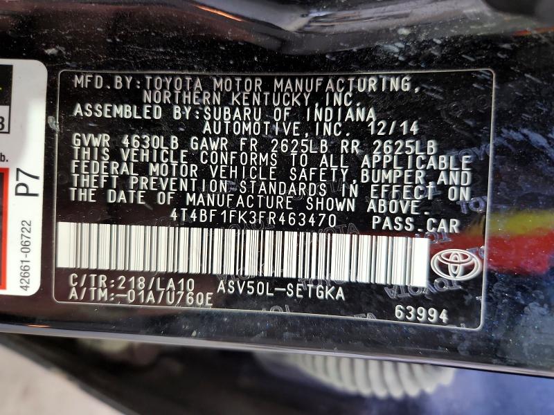 2015 Toyota Camry მანქანა იყიდება აუქციონზე, vin: 4T4BF1FK3FR463470, აუქციონის ნომერი: 60059306