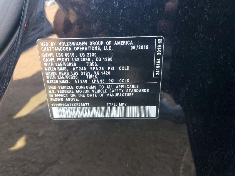 62347166 :رقم المزاد ، 1V2UR2CA7KC578877 vin ، 2019 Volkswagen Atlas مزاد بيع