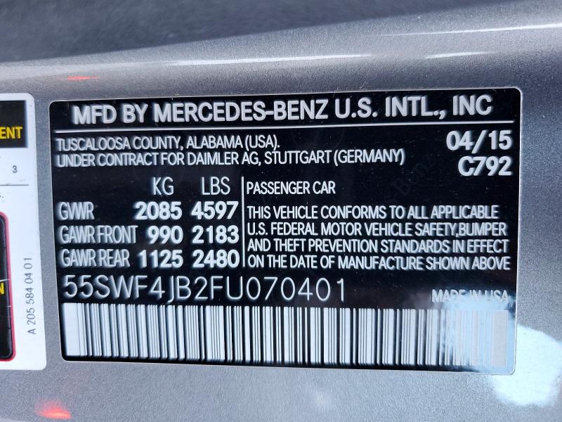 Продаж на аукціоні авто 2015 Mercedes-benz C, vin: 55SWF4JB2FU070401, номер лоту: 59813286