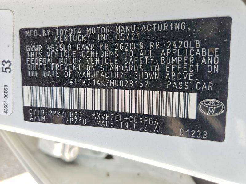 2021 Toyota Camry მანქანა იყიდება აუქციონზე, vin: 4T1K31AK7MU028152, აუქციონის ნომერი: 59310366