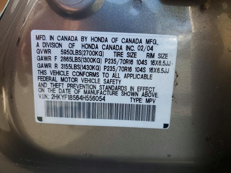 59540486 :رقم المزاد ، 2HKYF18564H556054 vin ، 2004 Honda Pilot مزاد بيع