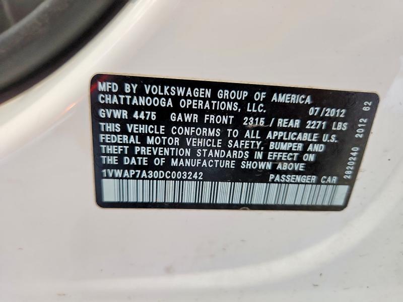 Продаж на аукціоні авто 2013 Volkswagen Passat, vin: 1VWAP7A30DC003242, номер лоту: 61604496