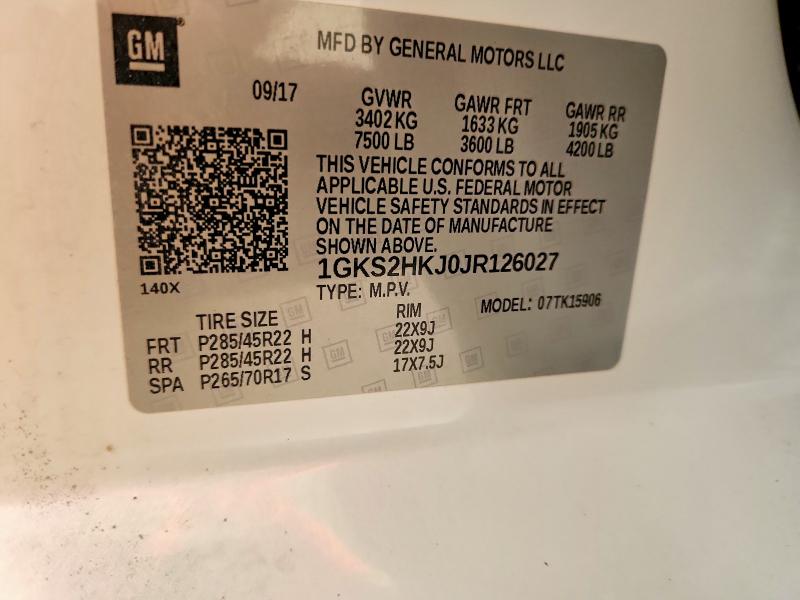 60899656 :رقم المزاد ، 1GKS2HKJ0JR126027 vin ، 2018 Gmc Yukon Xl مزاد بيع