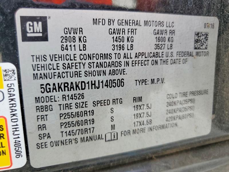 61311696 :رقم المزاد ، 5GAKRAKD1HJ140506 vin ، 2017 Buick Enclave مزاد بيع