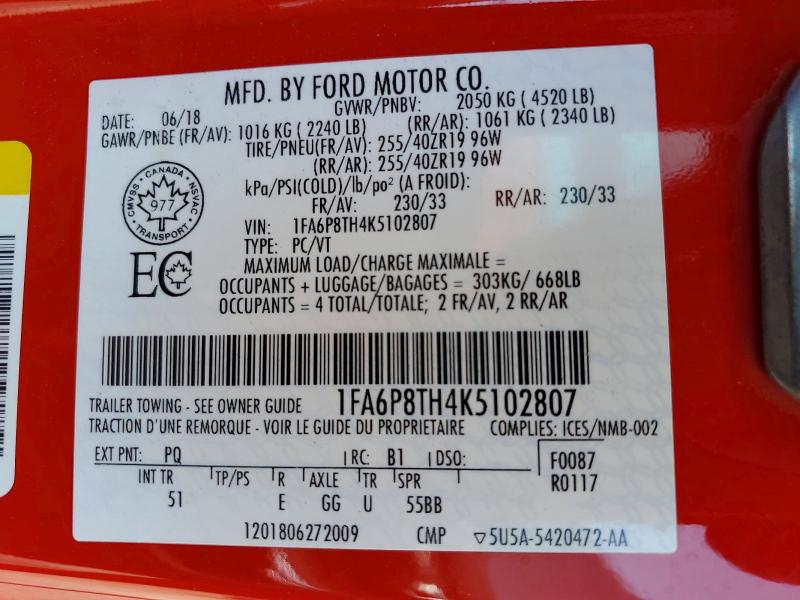62043706 :رقم المزاد ، 1FA6P8TH4K5102807 vin ، 2019 Ford Mustang مزاد بيع