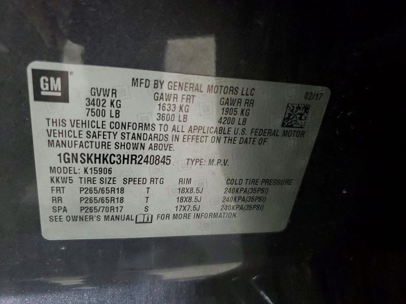 61386706 :رقم المزاد ، 1GNSKHKC3HR240845 vin ، 2017 Chevrolet Suburban مزاد بيع