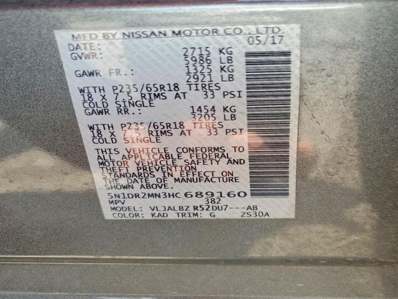 59898516 :رقم المزاد ، 5N1DR2MN3HC689160 vin ، 2017 Nissan Pathfinder مزاد بيع