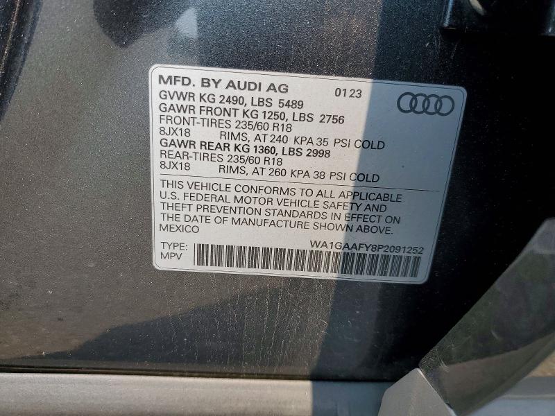 2023 Audi Q5 მანქანა იყიდება აუქციონზე, vin: WA1GAAFY8P2091252, აუქციონის ნომერი: 61051636
