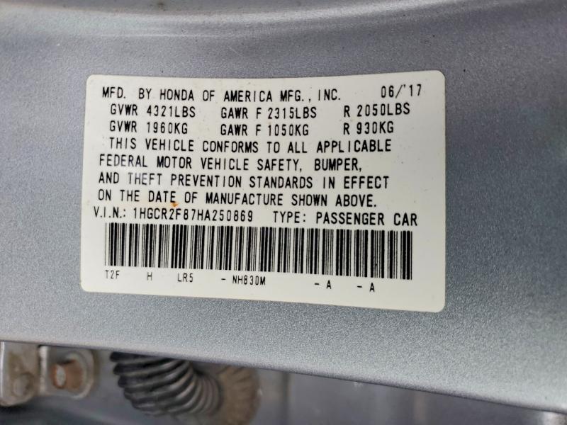 2017 Honda Accord მანქანა იყიდება აუქციონზე, vin: 1HGCR2F87HA250869, აუქციონის ნომერი: 62032546