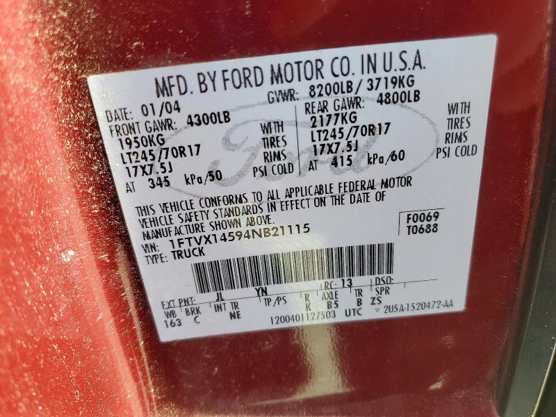 Aukcja sprzedaży 2004 Ford F150, vin: 1FTVX14594NB21115, numer aukcji: 59629866