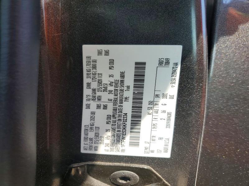 2019 Ford F150 მანქანა იყიდება აუქციონზე, vin: 1FTFW1E53KKF02334, აუქციონის ნომერი: 60250696