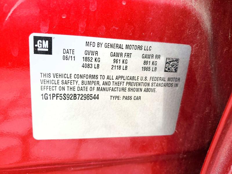 60251076 :رقم المزاد ، 1G1PF5S92B7298544 vin ، 2011 Chevrolet Cruze مزاد بيع
