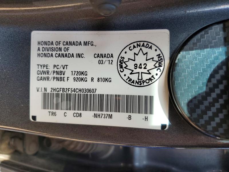 60136936 :رقم المزاد ، 2HGFB2F54CH030607 vin ، 2012 Honda Civic مزاد بيع