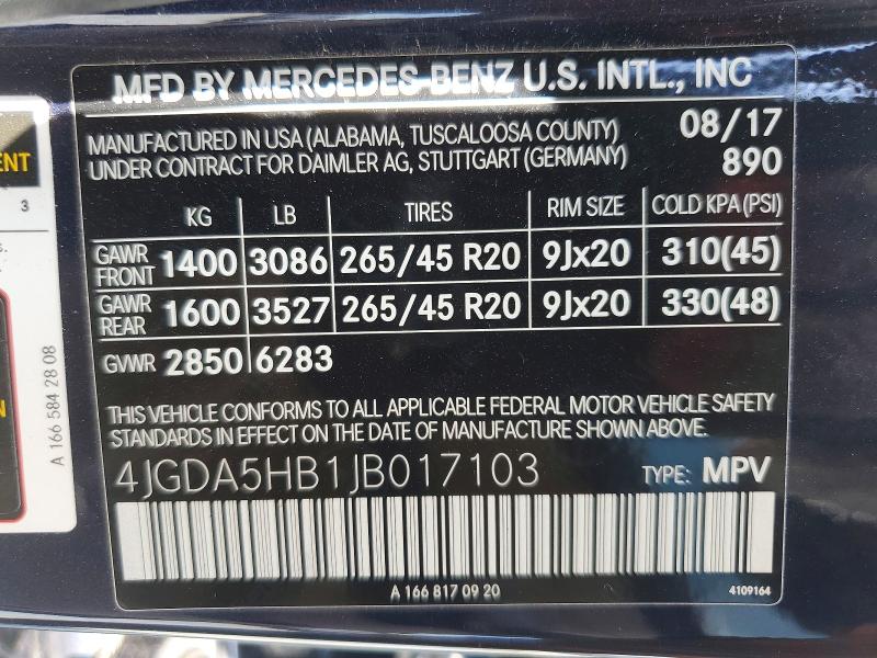 2018 Mercedes-benz Gle მანქანა იყიდება აუქციონზე, vin: 4JGDA5HB1JB017103, აუქციონის ნომერი: 60267586