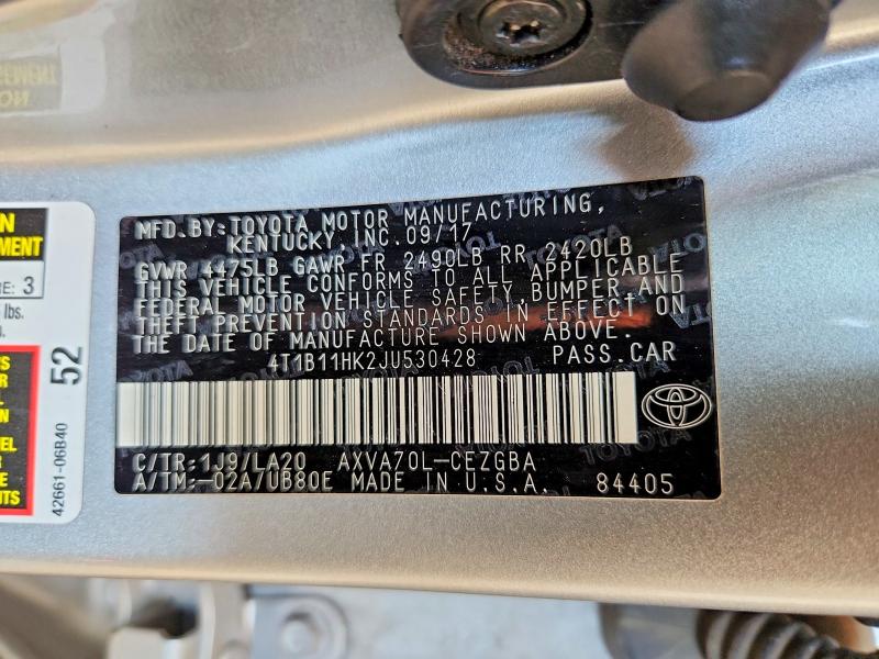 59305456 :رقم المزاد ، 4T1B11HK2JU530428 vin ، 2018 Toyota Camry مزاد بيع