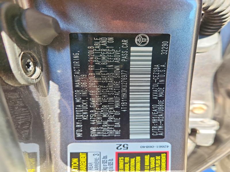 2019 Toyota Camry მანქანა იყიდება აუქციონზე, vin: 4T1B11HK0KU276977, აუქციონის ნომერი: 59836006