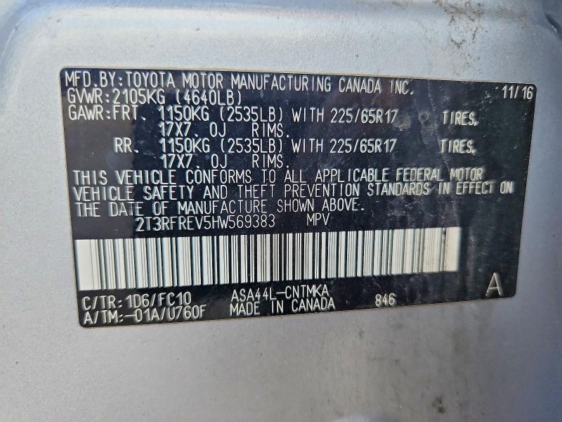 63126886 :رقم المزاد ، 2T3RFREV5HW569383 vin ، 2017 Toyota Rav4 مزاد بيع