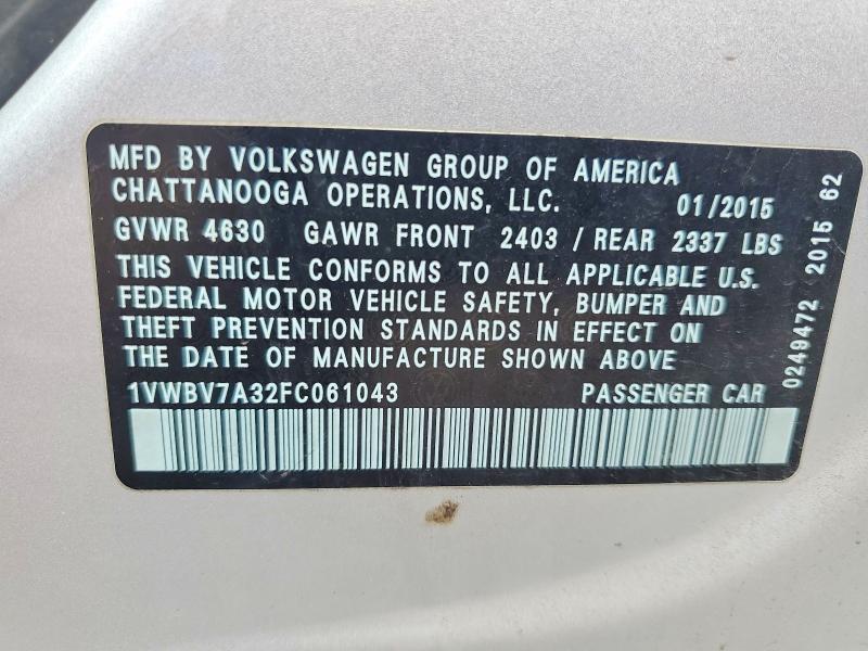 Aukcja sprzedaży 2015 Volkswagen Passat, vin: 1VWBV7A32FC061043, numer aukcji: 63057786