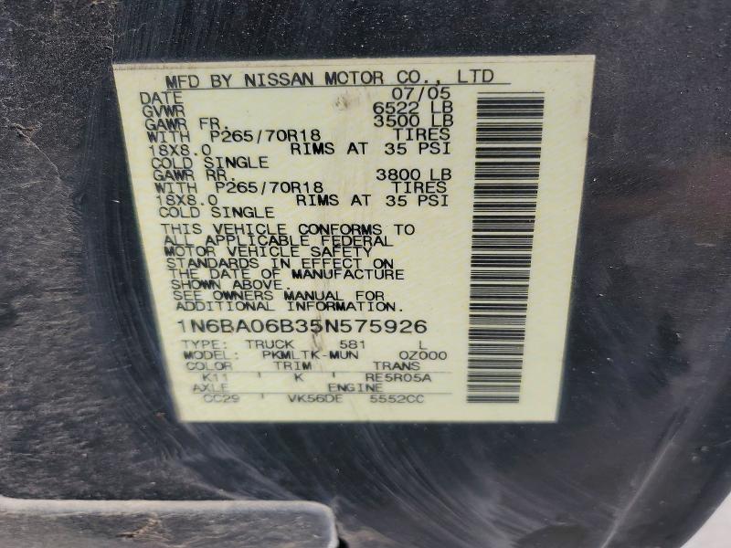 Aukcja sprzedaży 2005 Nissan Titan, vin: 1N6BA06B35N575926, numer aukcji: 63381876