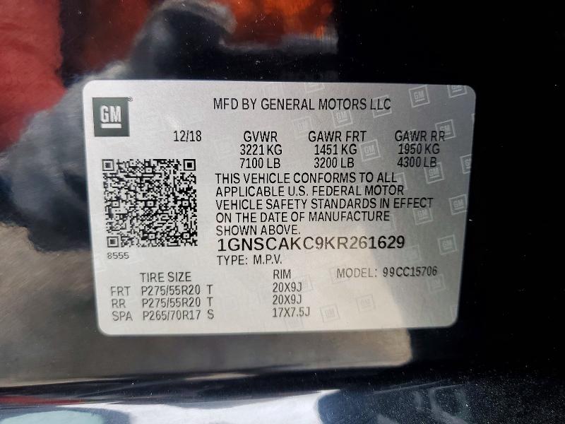 2019 Chevrolet Tahoe მანქანა იყიდება აუქციონზე, vin: 1GNSCAKC9KR261629, აუქციონის ნომერი: 62492086