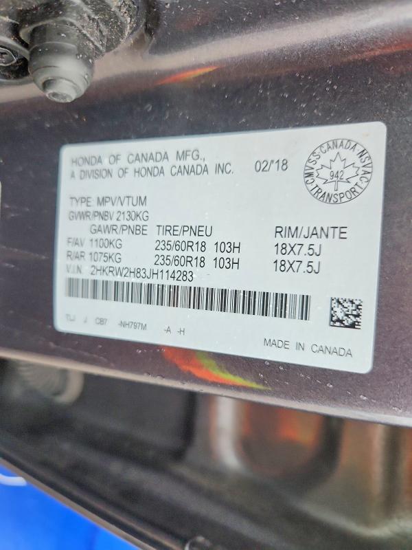 2018 Honda Cr-v მანქანა იყიდება აუქციონზე, vin: 2HKRW2H83JH114283, აუქციონის ნომერი: 57676456