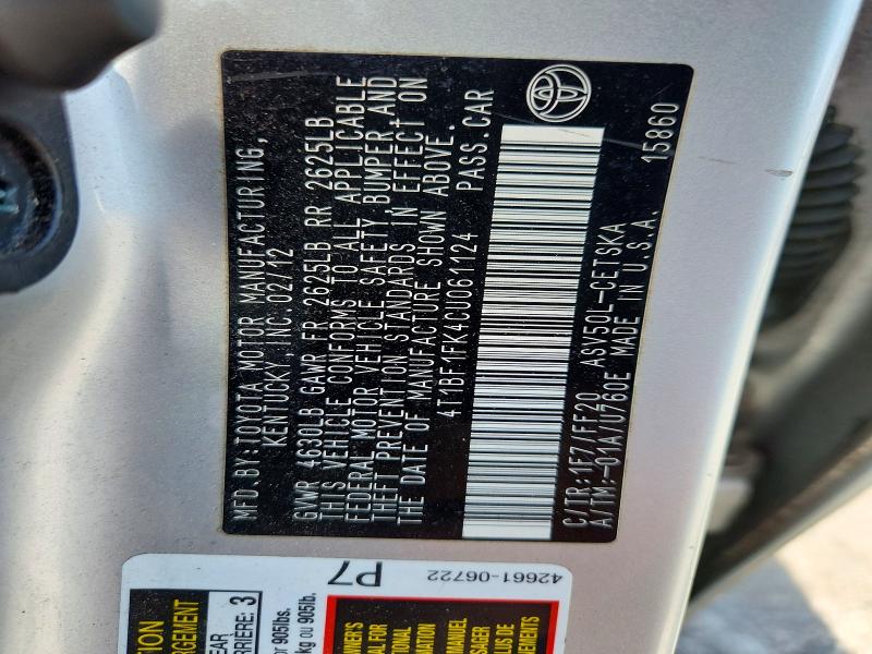 2012 Toyota Camry მანქანა იყიდება აუქციონზე, vin: 4T1BF1FK4CU061124, აუქციონის ნომერი: 61360806